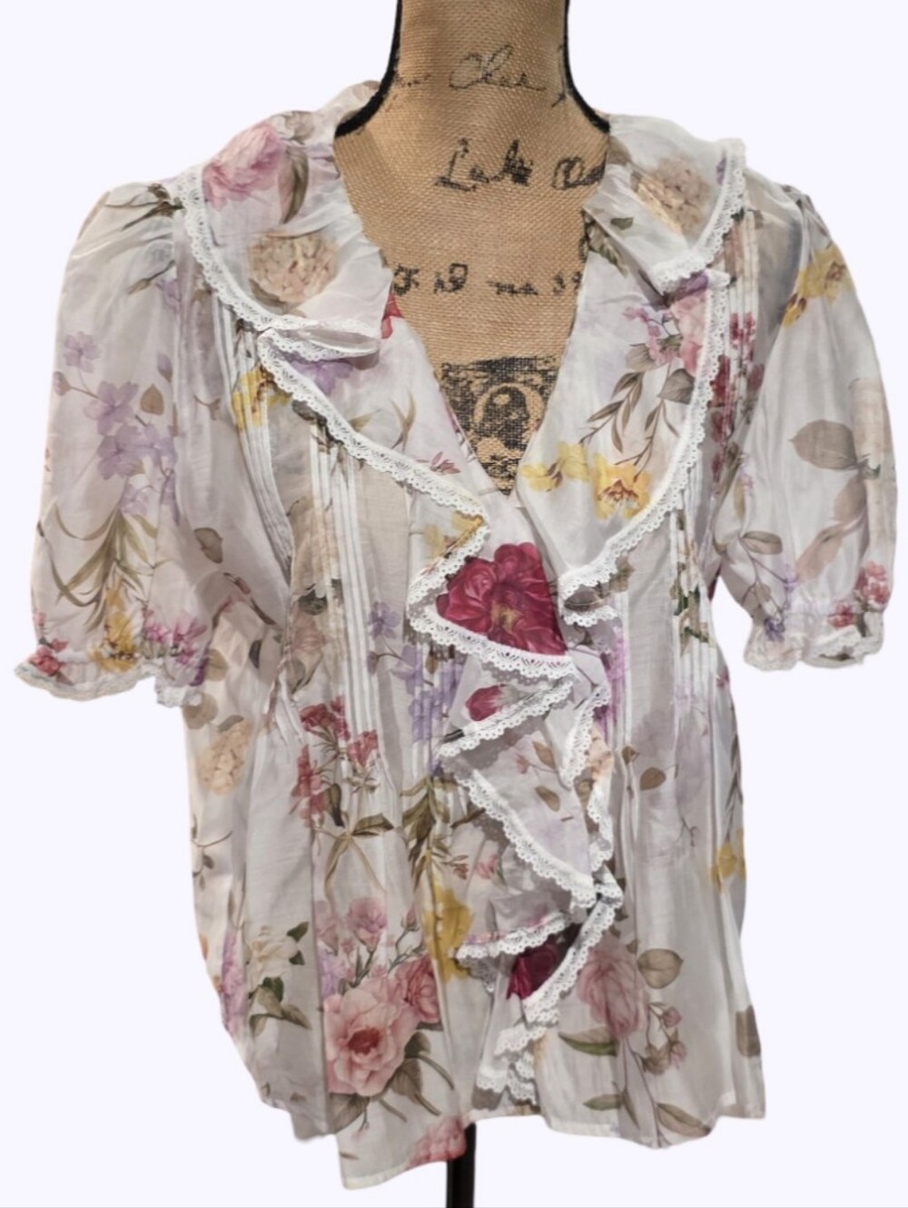 Lucky Coco Floral Ruffle V-Neck Women's Top‎ White with Pink & Purple Floral
